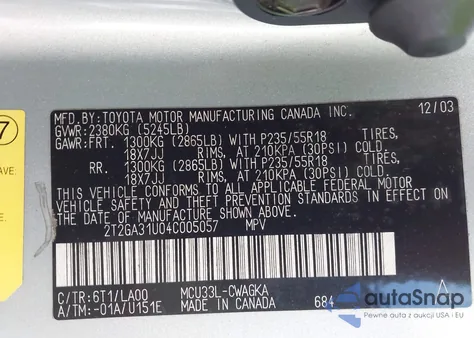 2004 Lexus Rx 330 z USA, uszkodzony, nr VIN 2T2GA31U04C005057